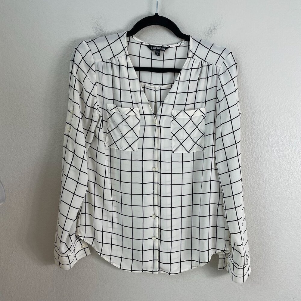 Express‎ Womens XS White Black Grid Pattern Button Up Blouse Roll Tab Sleeve Top